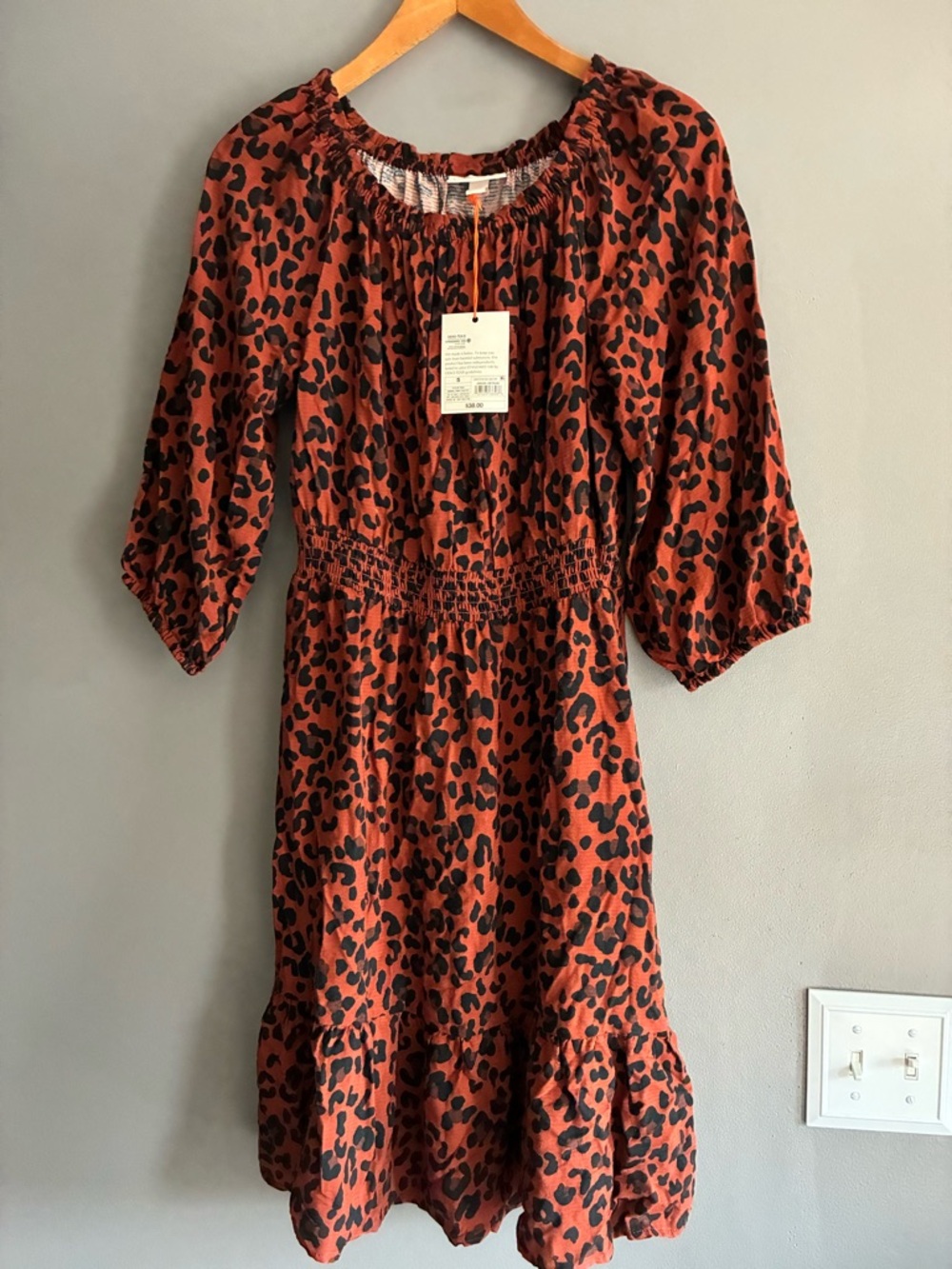 Rust Leopard Print Smocked Waist Midi Dress NWT Size Small - Picture 6 of 8